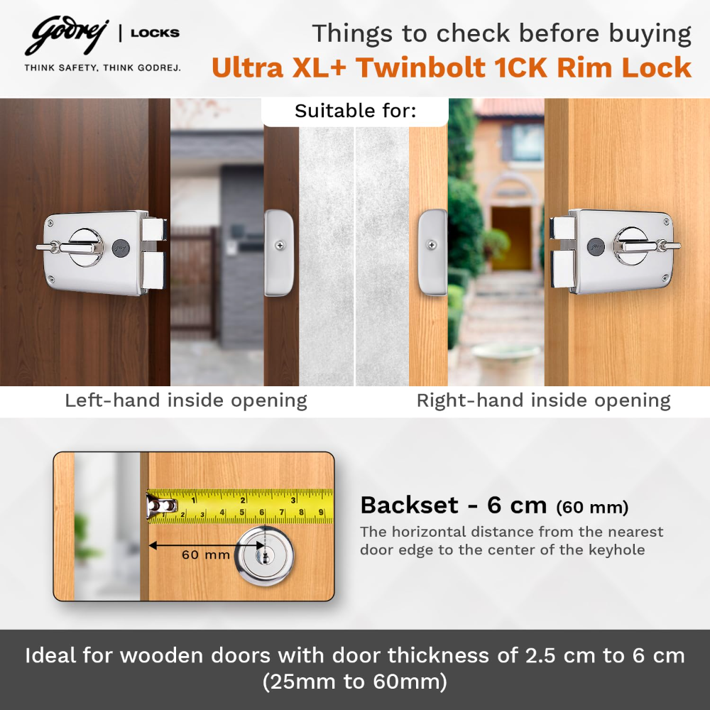 Godrej Rim Lock I Twinbolt Ultra XL plus I 1CK Deadbolt I for Inside Opening Door I LeftorRight Handed Doors I 4 Keys I 5-Year Warranty I Manual Locking l Satin Nickel Finish